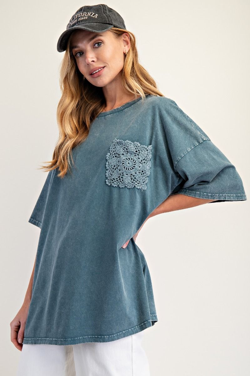 Easel Short Sleeve Mineral Washed Top - Faded Teal