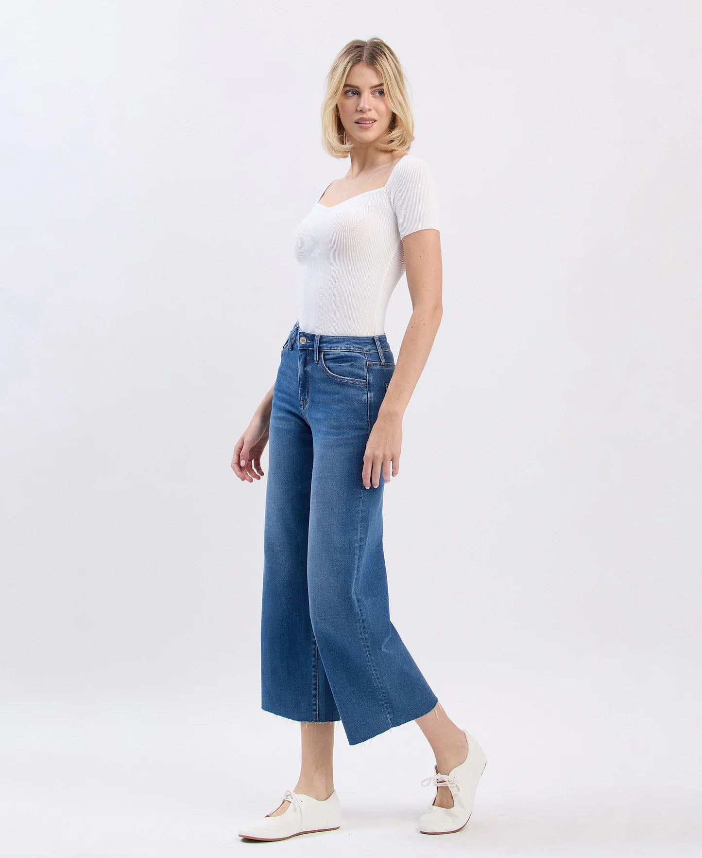 High Rise Clean Cut Raw Hem Crop Slim Wide Jeans