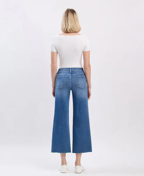 High Rise Clean Cut Raw Hem Crop Slim Wide Jeans