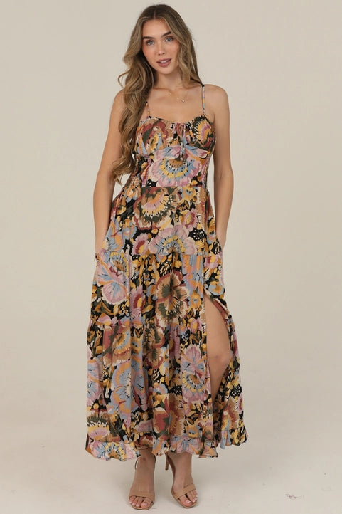 Floral Print Tie Bust Maxi Dress with Side Slit A