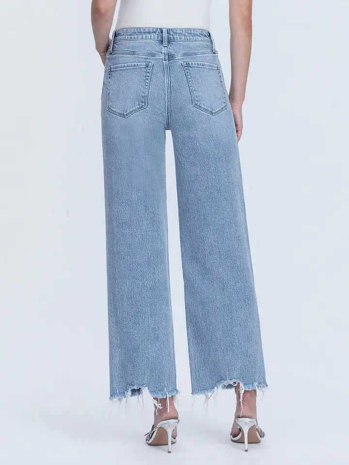 Mid Rise Frayed Hem Ankle Wide Leg Jeans