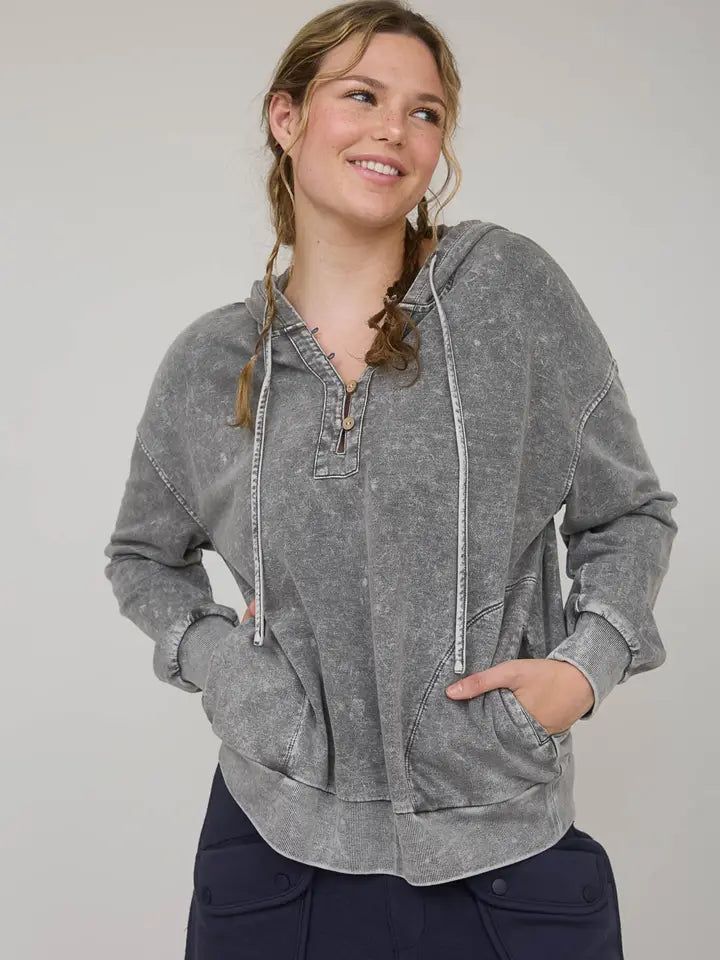 Washed Hooded Henley Knit Sweater