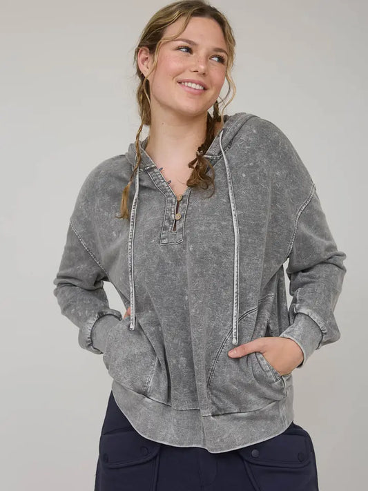 Washed Hooded Henley Knit Sweater