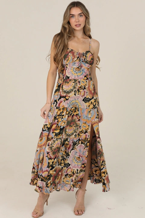 Floral Print Tie Bust Maxi Dress with Side Slit A