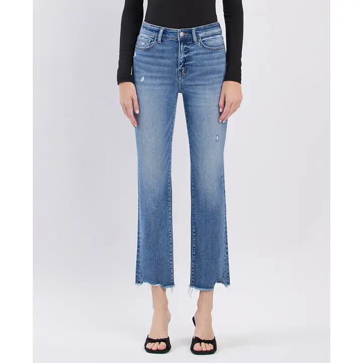 High Rise Uneven Raw Hem Slim Straight Jeans