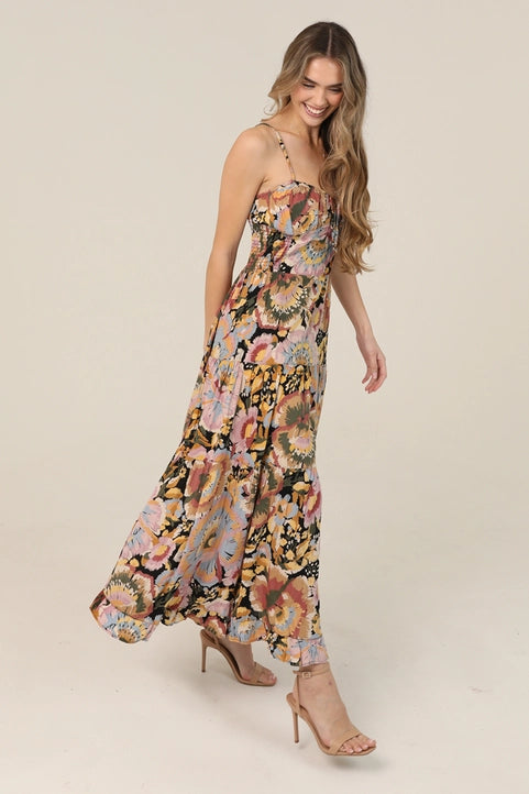 Floral Print Tie Bust Maxi Dress with Side Slit A