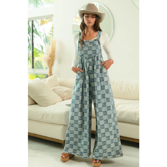 Washed Vintage Checker Wide Leg Overalls