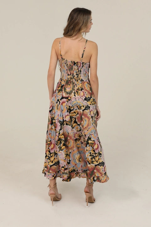 Floral Print Tie Bust Maxi Dress with Side Slit A