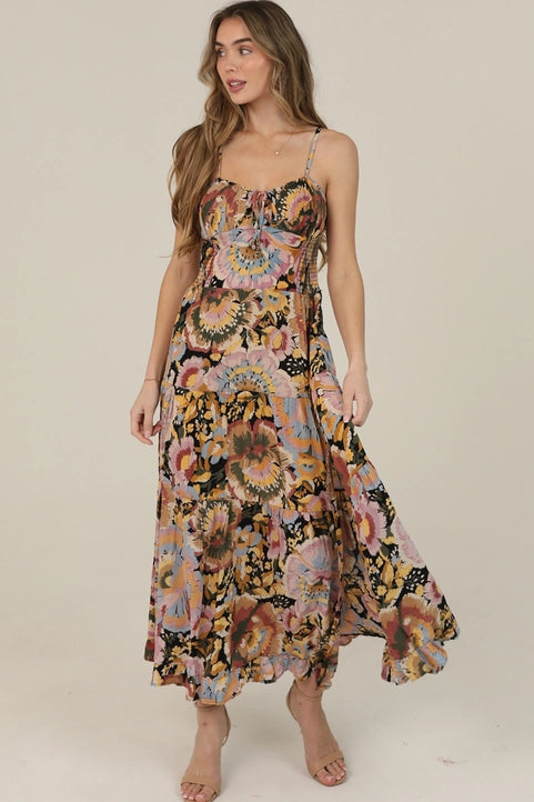 Floral Print Tie Bust Maxi Dress with Side Slit A