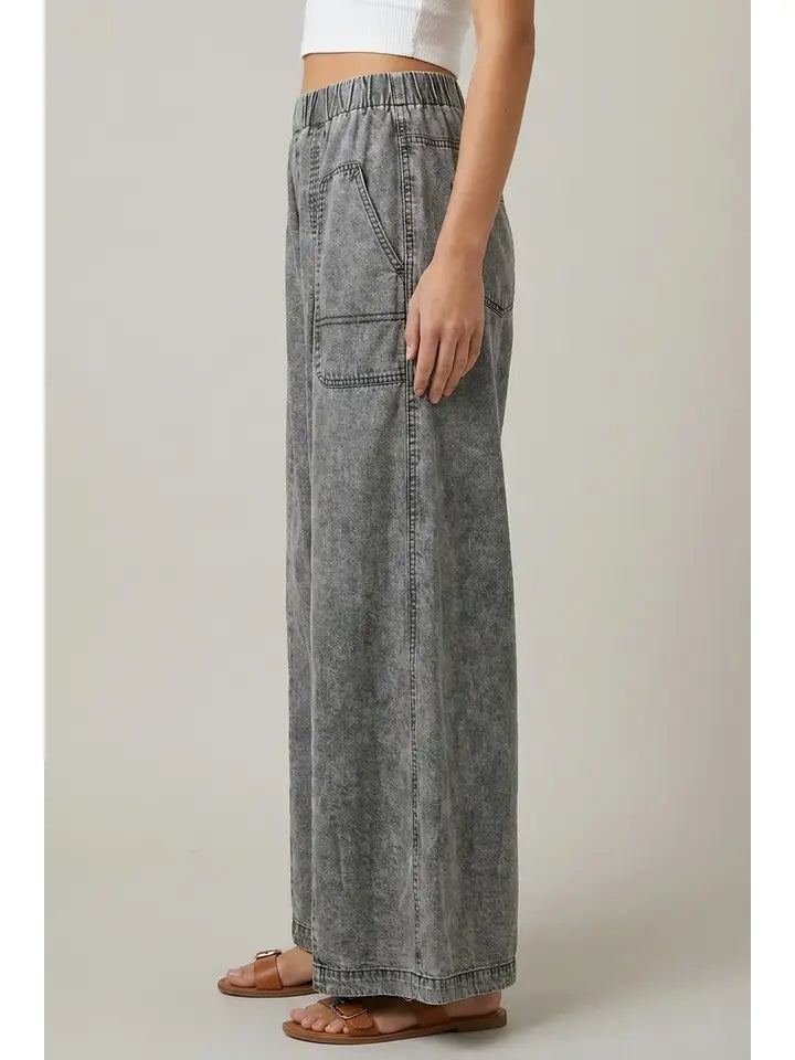 Chambray Elastic Waist Wide Leg Culotes Pants