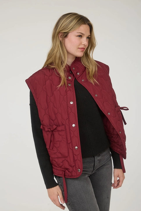 Burgundy Tie Detail Snap Button Down Quilted Puffer Vest