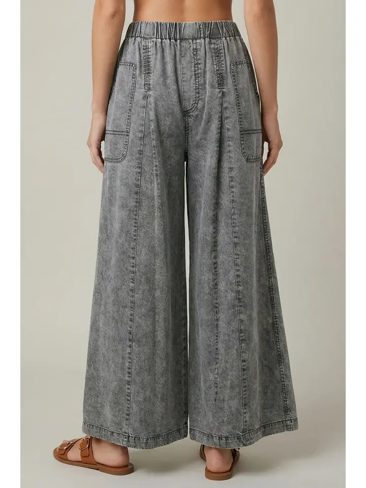 Chambray Elastic Waist Wide Leg Culotes Pants