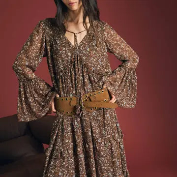 Floral Organza V Neck Long Sleeve Tunic Midi Dress