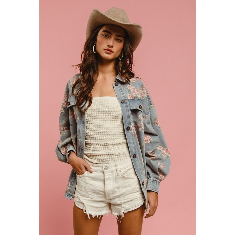 Floral Print Washed Denim Shacket with Side Pocket