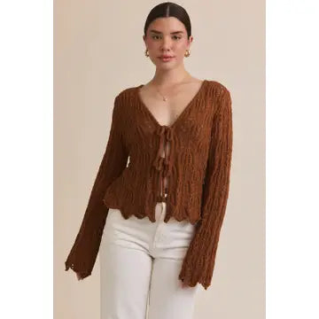 Front Tie Bell Sleeve Open Knit Cardigan