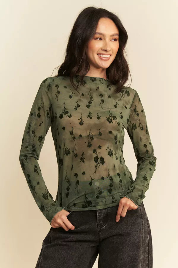 Floral Mesh Long Sleeve Sheer Layering Top- Army Green