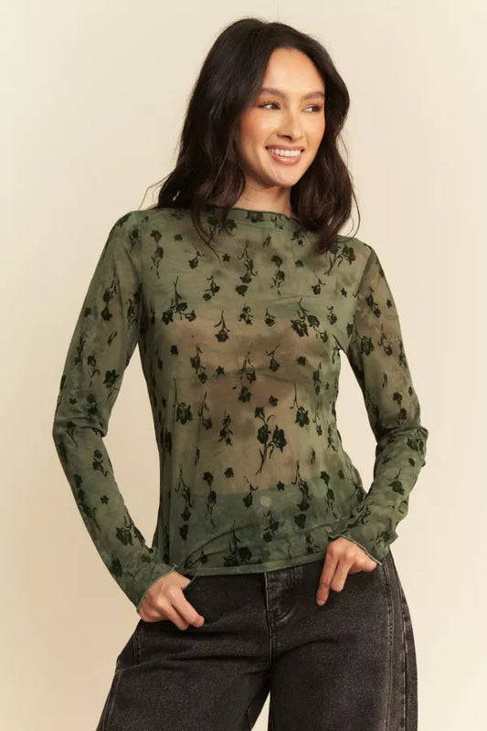 Floral Mesh Long Sleeve Sheer Layering Top- Army Green