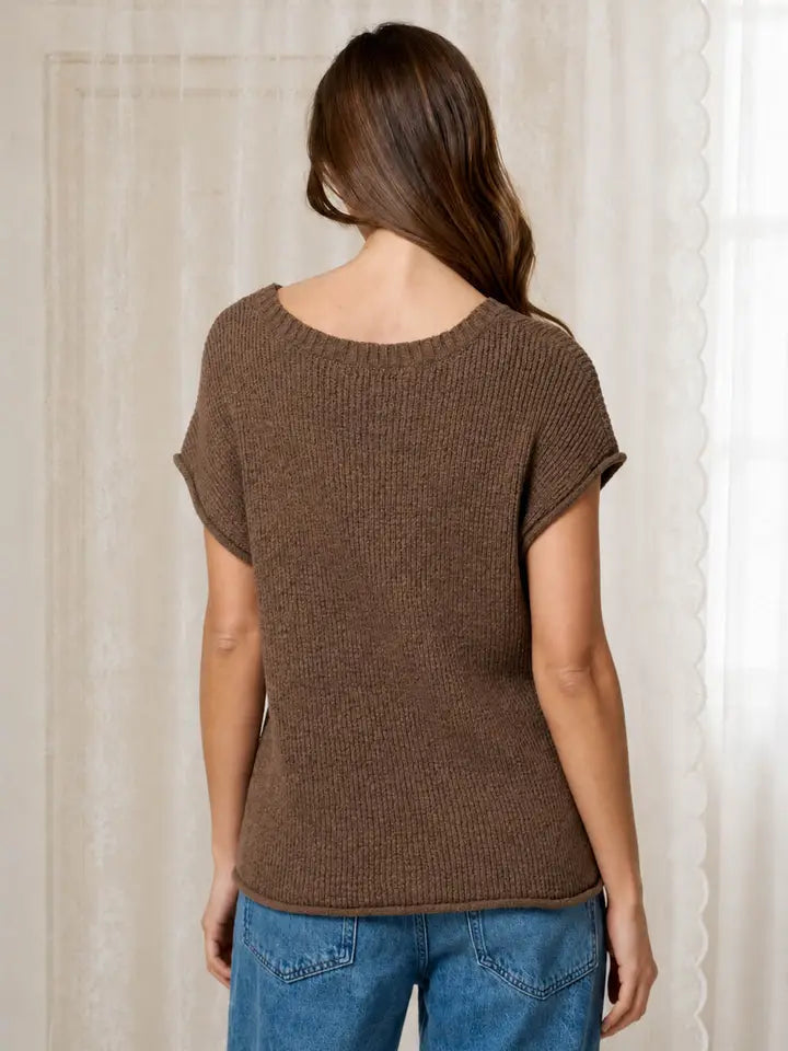 Crew Neck Raw Sleeve Relaxed Sweater Knit Top