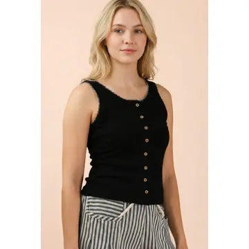 Mineral Washed Knit Tank Top w/ Lace Trim-Black