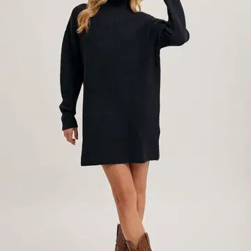 Mock Neck Knit Sweater Mini Dress-Black