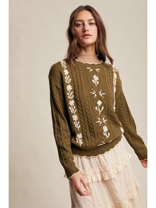 Floral Embroidered Cable Knit Sweater