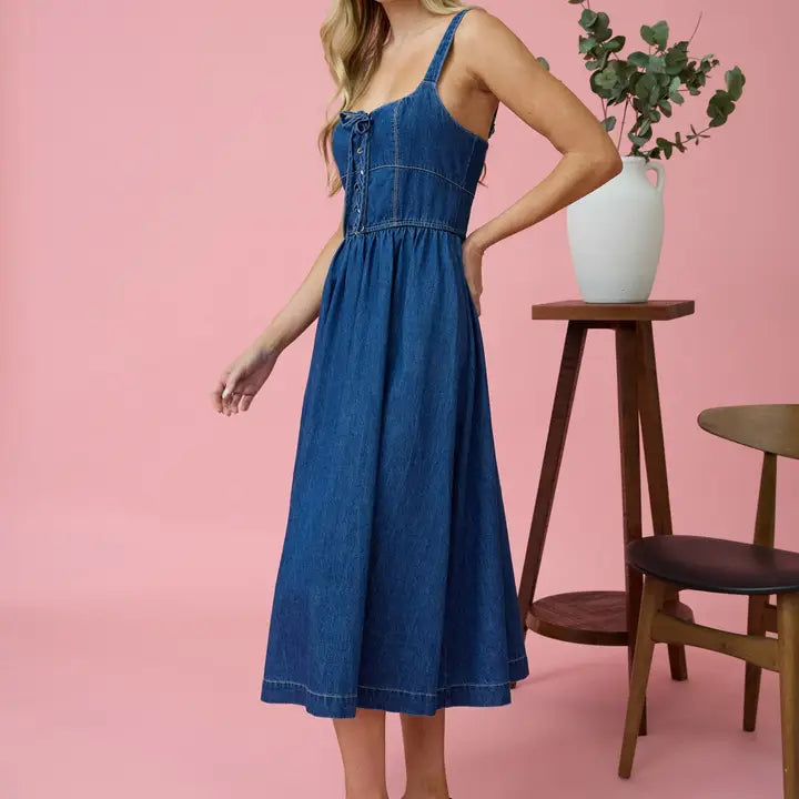 Lace Up Sleeveless Denim Midi Dress