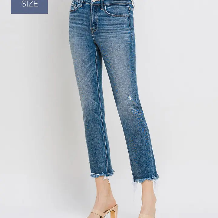 Plus Size High Rise Uneven Raw Hem Slim Straight