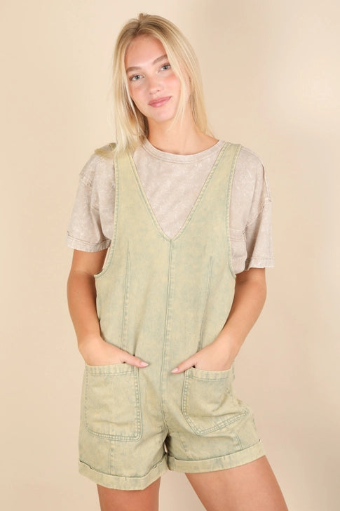 Washed Denim Casual Romper- Sage