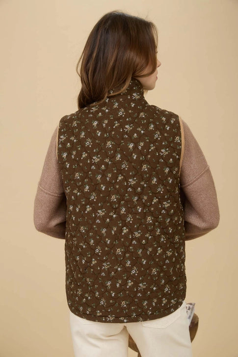 Floral Quilted Zip-Up Puffer Vest