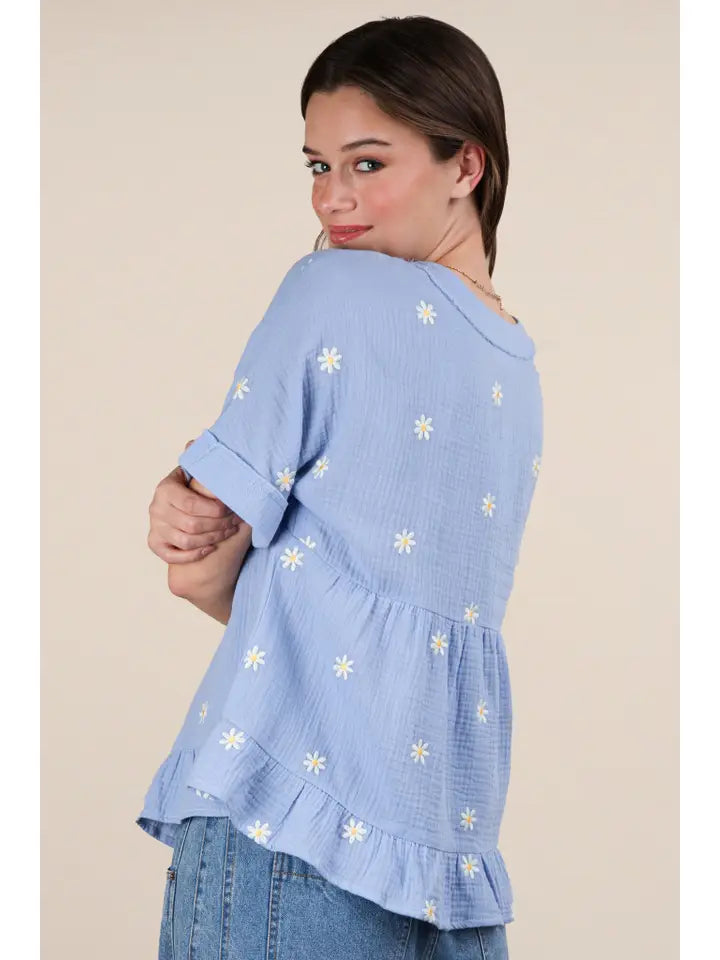 Flower Embroidered Woven Blouse