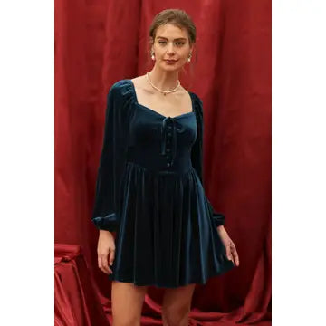Velvet Button Down Front Tie Mini Dress