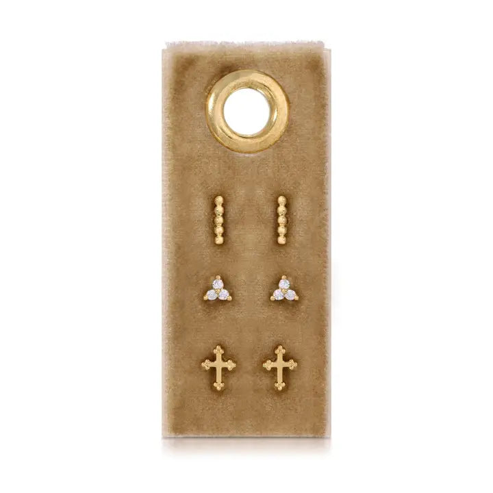 Cross Accented Set/3 Stud Set On Velvet Tag