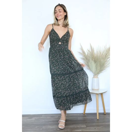 Neck Twist Front Cut Out Sheer Layer Maxi Dress
