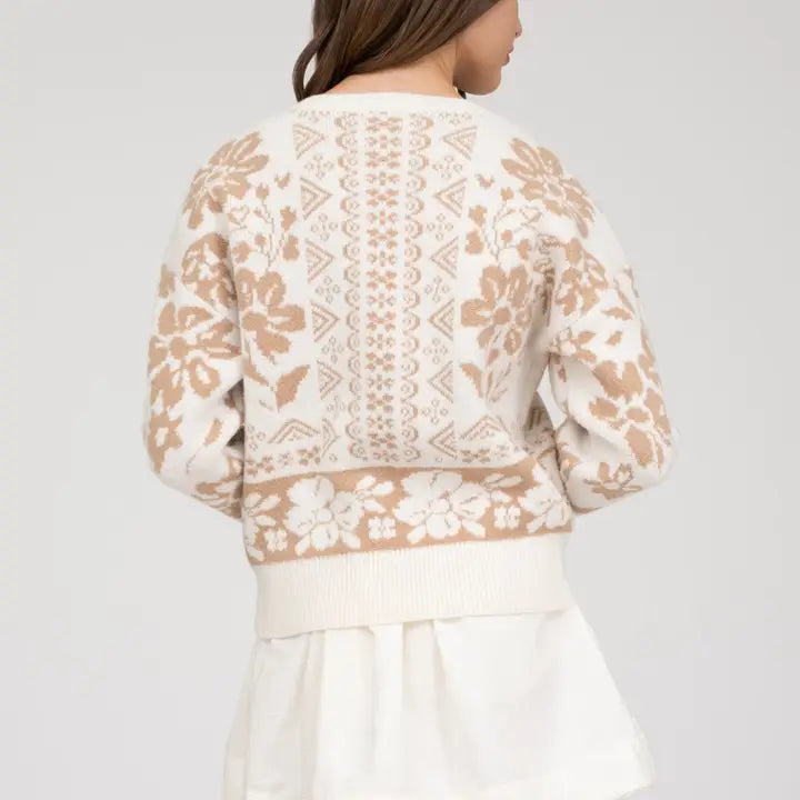 Geo Floral Long Sleeve Knit Pullover Sweater