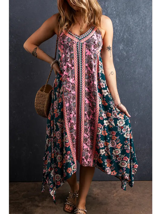 Pink Bohemian Floral Patchwork Print Long Sundress