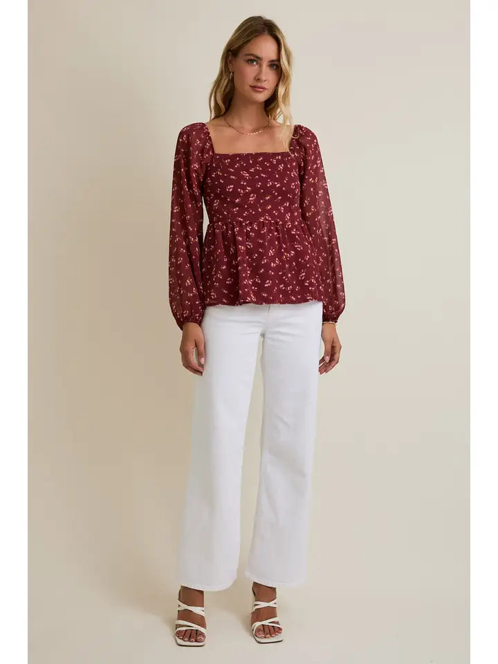 Square Neck Puff Long Sleeve Smocking Back Ditsy Top