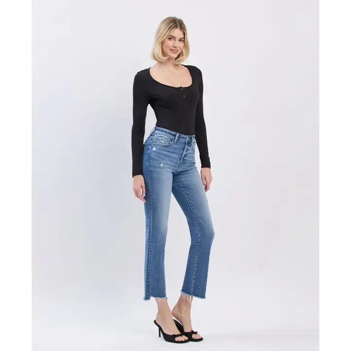 High Rise Uneven Raw Hem Slim Straight Jeans