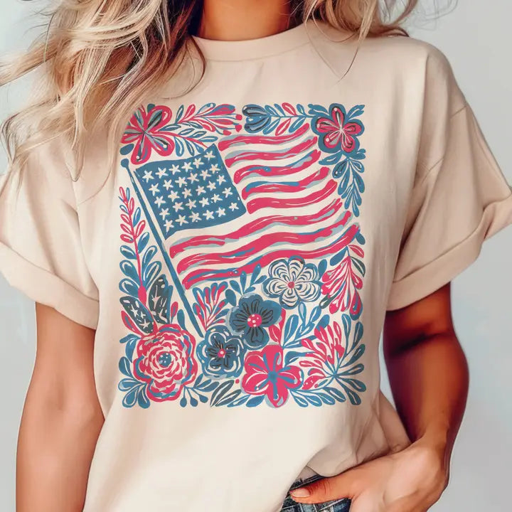 USA Boho Flag Floral Red Blue Patriotic Retro Graphic Tee