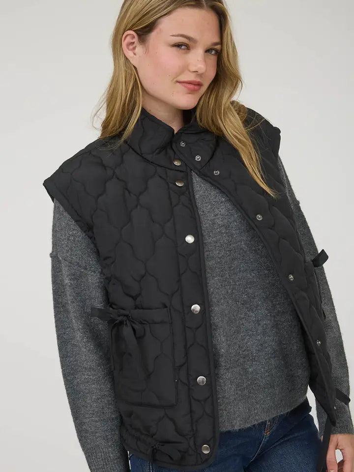 Tie Detail Snap Button Down Quilted Puffer Vest