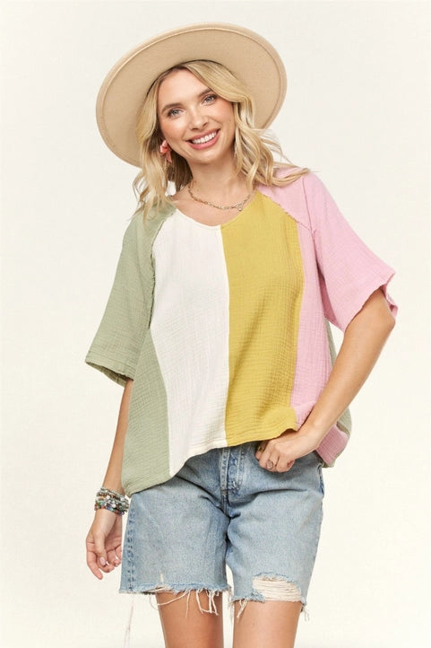 Drop Shoulder Washed Colorblock Top