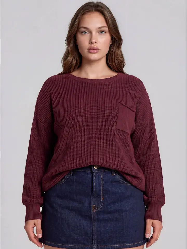Plus Raw Edge Cropped Long Sleeve Knit Sweater