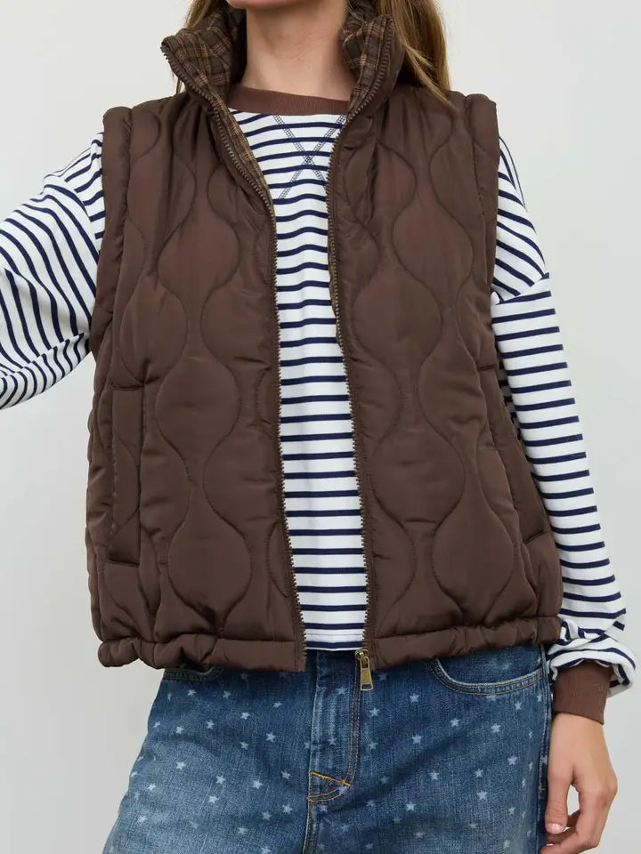 Plaid Collar Quilted Zip-Up Vest