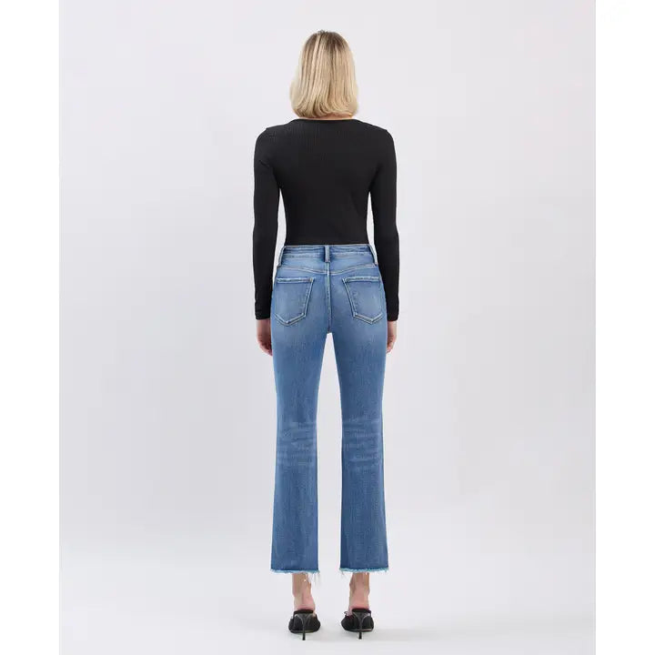 High Rise Uneven Raw Hem Slim Straight Jeans