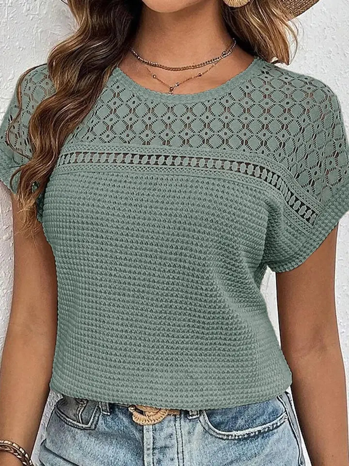 Lace Patchwork Waffle Knit Short Sleeve Top