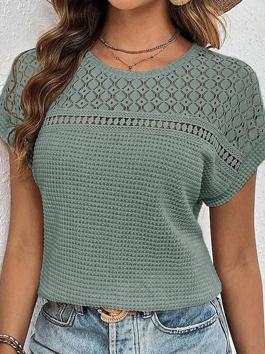 Lace Patchwork Waffle Knit Short Sleeve Top