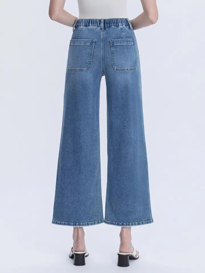 High Rise Elastic Waistband Ankle Baggy Wide Jeans