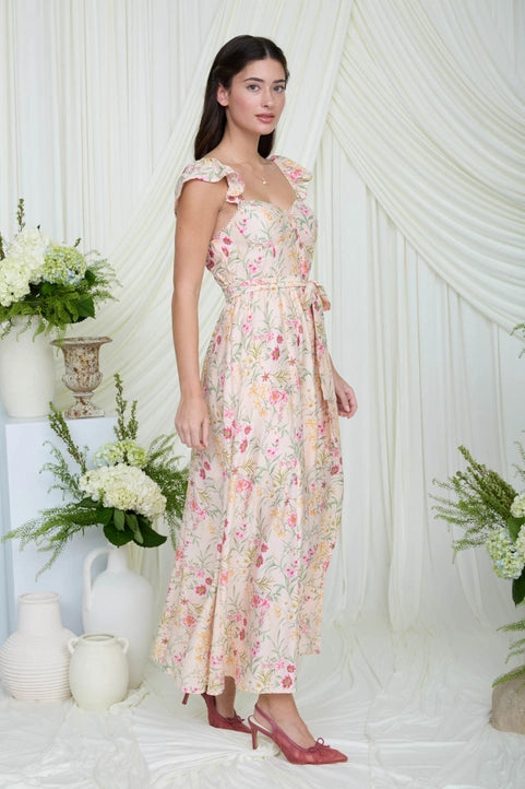 Floral Waist Tie Front Slit Sleeveless Midi Dress
