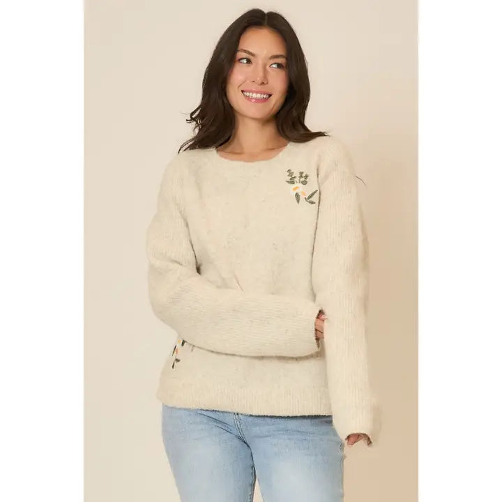 Floral Embroidered Dual Knit Sweater