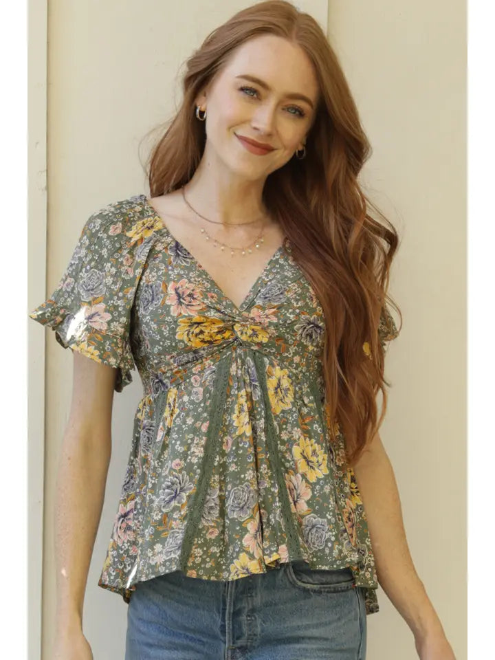 Lace Insets Twist Front Floral Printed Blouse