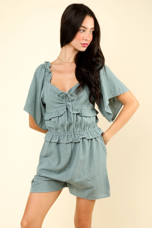 Sweetheart Neckline Casual Solid Woven Romper